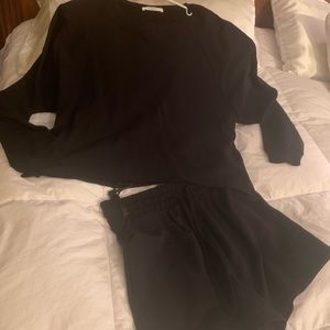 Black French terry long sleeve 2 piece shirt set.